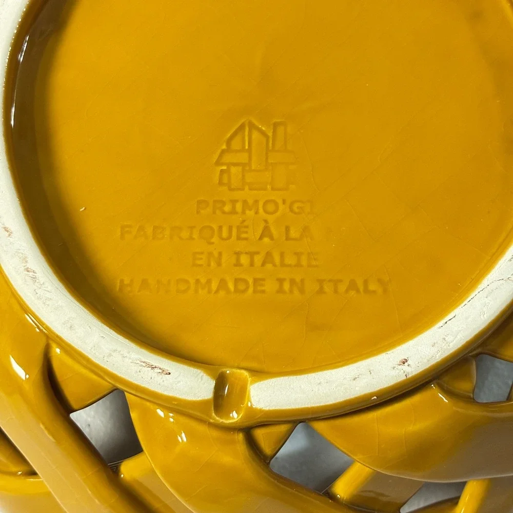 Primo'Gi Handmade Italy Woven Ceramic Bowl Mustard Yellow Lattice Fruit Basket